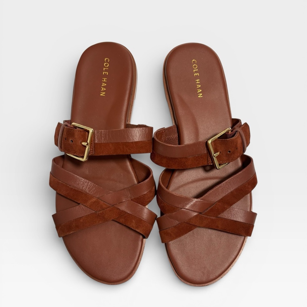 NWOT Cole Haan Women's Tan/Brown Leather Sandals With Gold Buckle